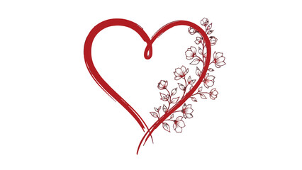 Decorative Red Heart Outline with Blooming Floral Branch Detail on Isolated White Background