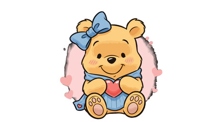 Cute baby bear character sitting, happily holding a red heart, on an isolated white background.