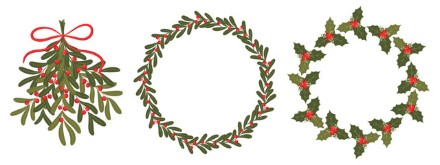 Christmas festive set: bouquet of mistletoe branches with red berries and red bow, wreath with holly berries and mistletoe branches. Flat vector illustration isolated on a white background.