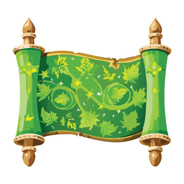 magical green nature map scroll with leaf patterns and floral decorations for forest exploration adventure game icons