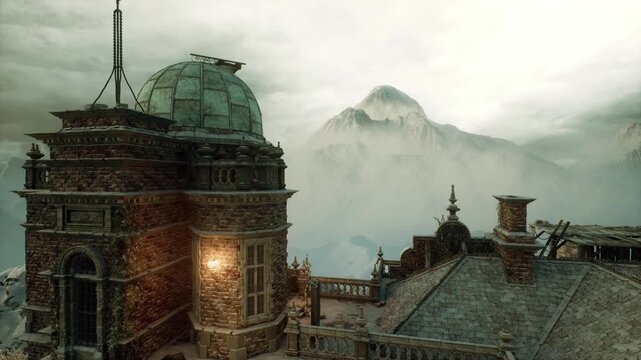 Stormlit tower turret overlooking misty valley, rainslick stone, small balcony with lantern glow, tense atmospheric sky, distant peaks, sentinel mood