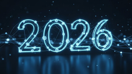 AIzaSyBIoNEMxfjvG6ihdwKfAeHDb5xZGyZi2eU Glowing neon blue 2026 numbers with digital network connections representing future technology and new year conce