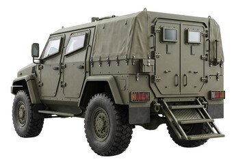Fototapeta premium Two-axle military vehicle with removable troop carrier and rear steps.
