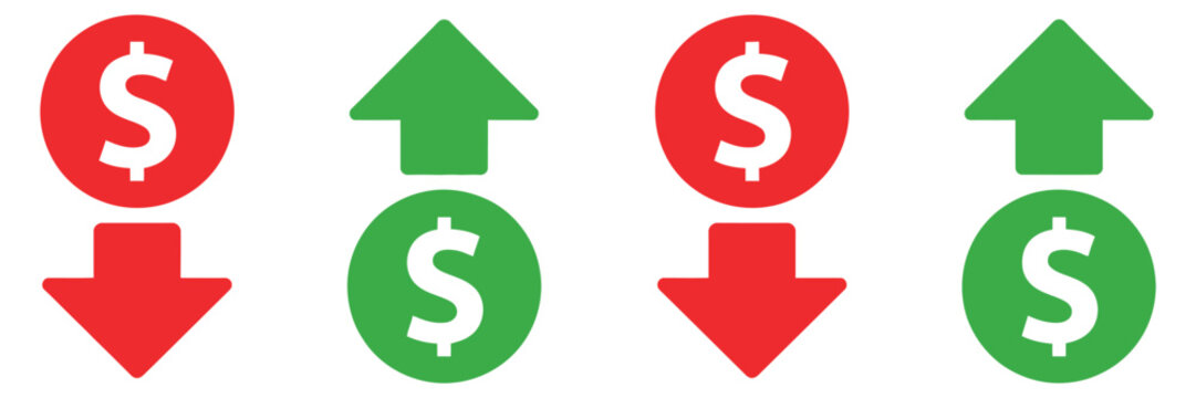 Dollar increase and decrease icons featuring money symbols for profit and loss, cost reduction, and price growth, ideal for finance applications, business analysis, economic infographics, inves