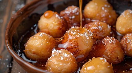 Close up of lokma dessert drizzled with syrup and powdered sugar in a brown ceramic bowl