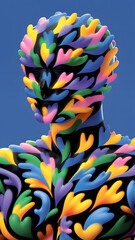 Humanoid figure made of colorful plants and leaves