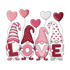 Cute Valentine Gnomes Holding LOVE Letters with Heart Balloons