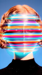 Human face with horizontal digital glitch lines