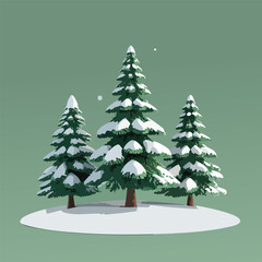 Obraz premium Snow-covered pine trees on green background, winter forest, 3D illustration