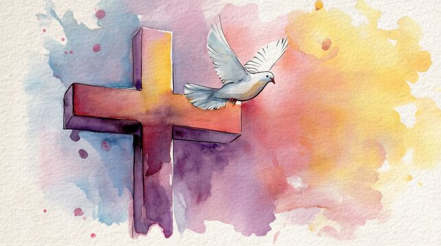 A painting of a cross with a dove flying over it. The painting has a religious theme and conveys a sense of peace and hope