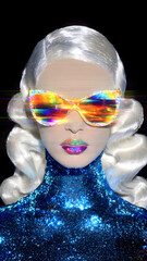 Stylish person with platinum hair and colorful glasses