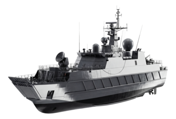 Coastal landing vessel equipped with radar and communication antennas.