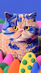 Fluffy cat surrounded by colorful eggs and balls