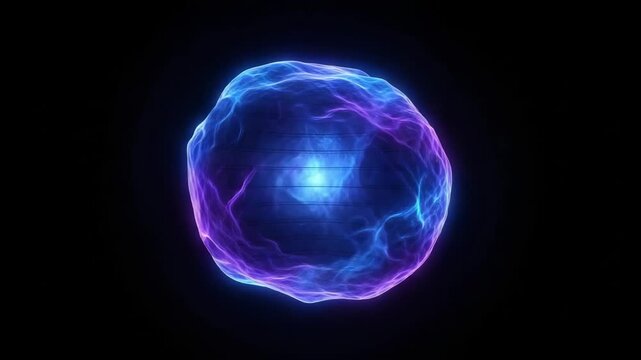 A luminous abstract energy cell or quantum particle radiating vibrant blue and purple light on a black background motion animated video 4k.