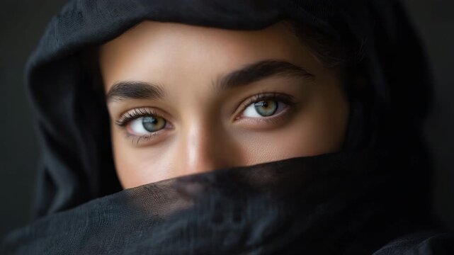 4k Close-up of a woman in a dark veil under soft light, her eyes expressing confidence, intelligence, and hope for equality and progress empowerment, confidence, courage, humanity, eq
