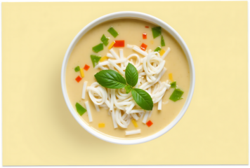 Creamy Coconut Milk Noodle Soup with Bell Peppers and Fresh Basil Garnish, Top View of Thai or Vietnamese Cuisine