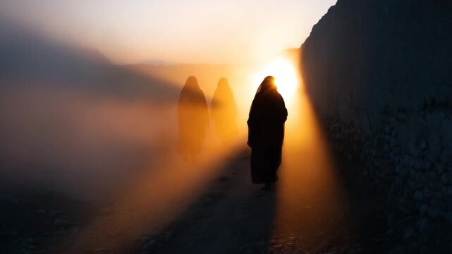 4k Silhouettes of Afghan women walking through a dusty alley toward sunrise, warm light breaking through shadows women empowerment, Afghanistan, sunrise, symbolism