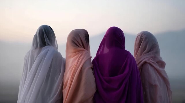 4k Women standing together in soft morning light, subtle wind moving their garments, unity and shared strength solidarity, empowerment, unity, courage, Afghanistan, hope, freedom, res
