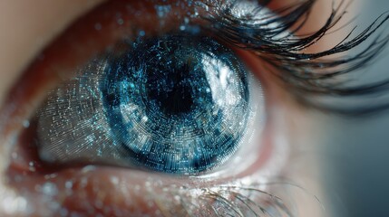 closeup of an eye with intricate blue digital patterns suggesting advanced biometric technology for scanning or security purposes