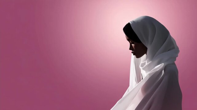 Stylized vector illustration of a veiled woman on pink background, clean minimal design emphasizing grace, mystery, and quiet strength vector art, illustration, minimalism, eleganc