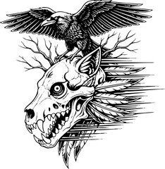 Fototapeta premium Tattoo style wolf skull decorated with feathers and perched raven.