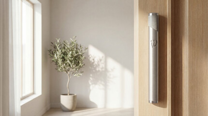 Modern mezuzah case on a doorway