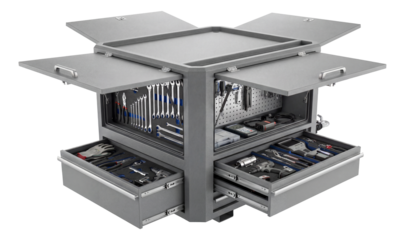 Mobile workshop with tool storage and maintenance gear.