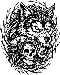 Fototapeta premium Aggressive Wolf Head, Human Skull, and Bird Engraving Illustration