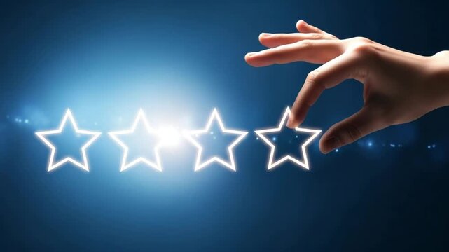 A hand places the fifth star to complete a five-star rating, signifying customer excellence and positive feedback motion animated video 4k.