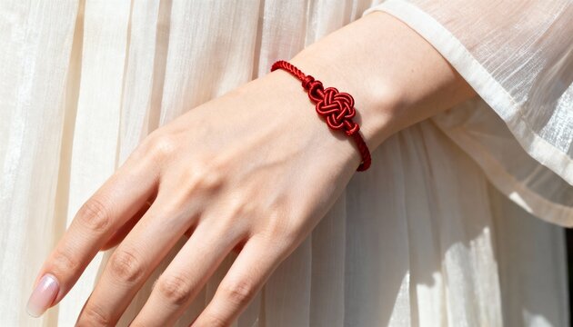Elegant hand adorned with a vibrant red bracelet featuring intricate knot design, showcasing craftsmanship and style against a soft, flowing fabric background with natural light