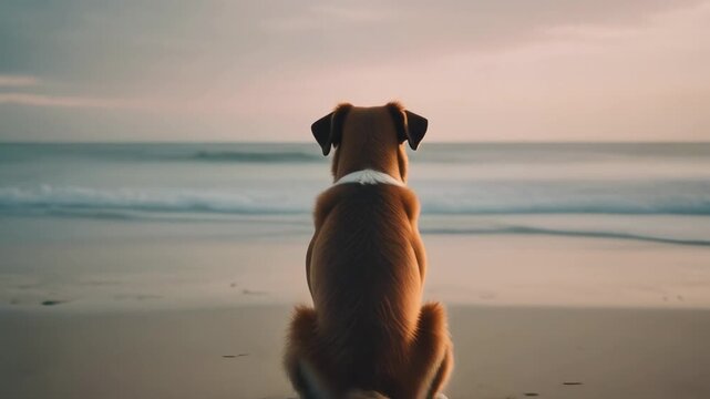 A small brown dog sits on a sandy beach watching the ocean at sunrise. Panoramic triptych of a pet enjoying a serene and contemplative moment alone in nature