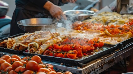 Obraz premium Close up of street food vendor preparing crepes and tomatoes on a hot griddle outdoors