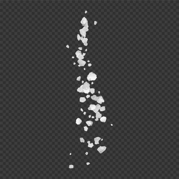 Realistic white crystals falling, sea or table salt, isolated on a transparent dark background.