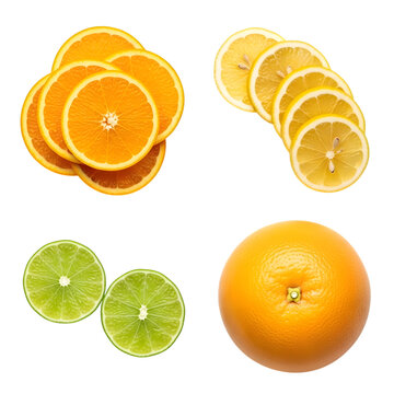 Assortment of citrus fruits including oranges, lemons, and limes, isolated on transparent background