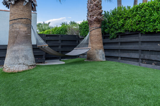 Hammock between two large palm trees, artificial grass, in backyard