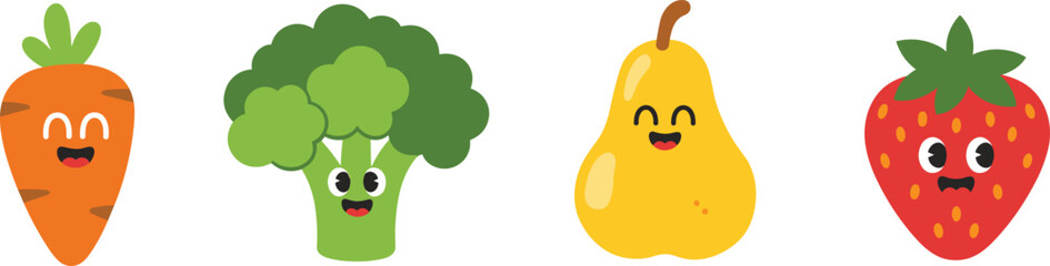 Cartoon-style fruits and vegetables with expressive faces including carrot, broccoli, pear, and strawberry, ideal for kids&rsquo; nutrition education or playful food design.