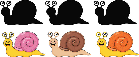 Cartoon snail matching activity with colorful characters and silhouettes, ideal for kids’ educational games, visual learning, and preschool worksheets. © Hasem Creative