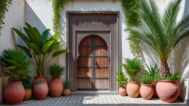 Exotic entrance to a Moroccan riad featuring a detailed hand-carved arched door. Surrounded by terracotta planters with lush greenery under bright sunlight. High-quality realistic architectural photog