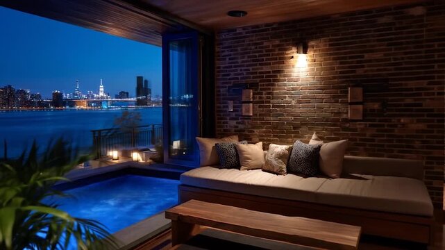 Evening outdoor lounge with brick wall and illuminated city skyline