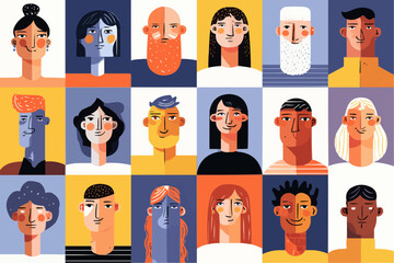 Vector illustration of diverse human faces arranged in a clean grid. Modern flat characters with different emotions for diversity concepts, team visuals, branding and editorial use
