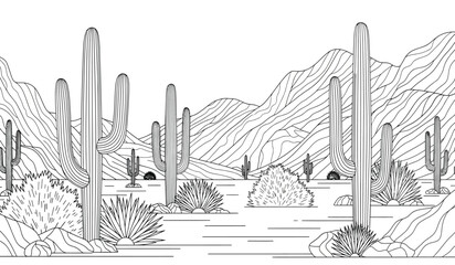 A detailed black and white illustration showcases a desert landscape with towering saguaro cacti rolling hills and sparse vegetation evoking a serene southwestern scene