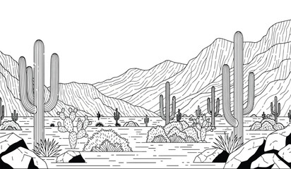 a detailed black and white illustration depicts a classic desert landscape featuring saguaro cacti rocky terrain and mountains in the background creating a serene scene © rsvect02
