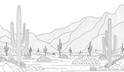 a detailed black and white line drawing depicts a classic desert landscape with towering saguaro cacti and rugged mountains in the background © rsvect02