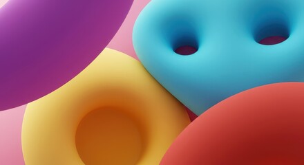 Dynamic abstract three-dimensional illustration showcasing bright colored forms, irregular surfaces, complex textures, and detailed circular voids ,contemporary ,graphic ,bright