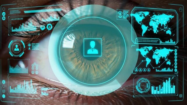 Augmented reality interface displaying data and user identification over a human eye motion animated video 4k.