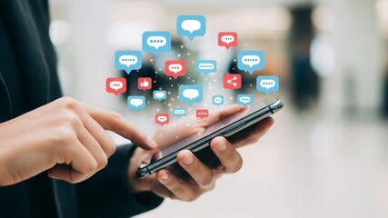 Social media engagement: close-up of hands interacting with smartphone and digital icons motion animated video 4k. - Powered by Adobe