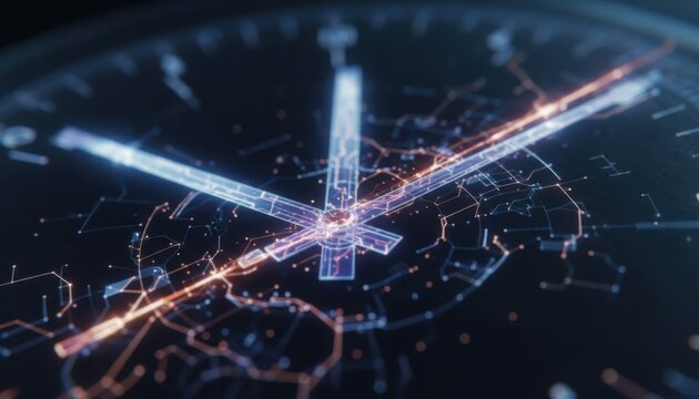 Macro shot of a digital clock face with glowing electronic circuit lines and futuristic hands indicating time with light - Powered by Adobe