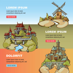 hand drawn fairy buildings. fairy tale fantasy spooky castles, landmarks, towers. vector cartoon horizontal banner.