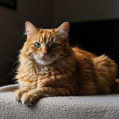 Naklejka premium A beautiful domestic long-haired feline resting on a soft blanket indoors, exhibiting striking green eyes and luxurious, thick orange fur ,pet ,fluffy ,sweet