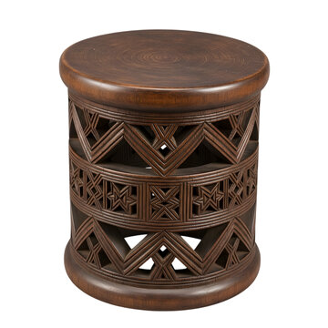Ornate carved wooden stool or side table with geometric patterns isolated on transparent background